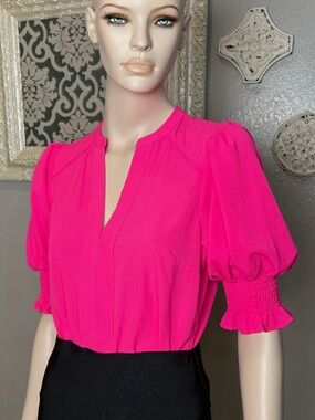 Vine & Love Puff Sleeve Split Neck Blouse in Hot Pink